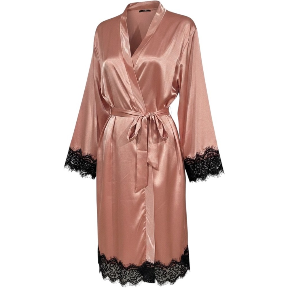 LYANER Robe M Pink Lace Trim Silky Satin Long Sleeve Belted‎ Romantic Loungewear